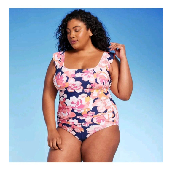 Kona Sol Other - Kona Sol Navy Pink Floral Ruffle One Piece Swimsuit 16 Plus resortcore beach